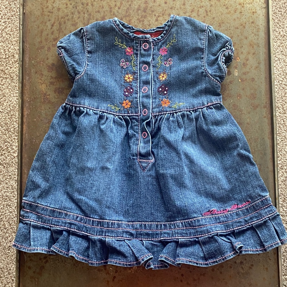 Guess Baby Denim Short Sleeve Dress with Floral Embroidery and Ruffled Hem. 12M